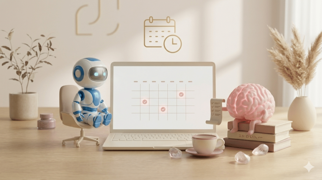 Mascottes robot bleu et cerveau rose d'Al Mizan Digital collaborant autour d'un ordinateur portable sur un bureau en bois clair. Ambiance zen vieux rose pour réserver un RDV d'automatisation.