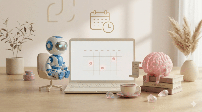 Mascottes robot bleu et cerveau rose d'Al Mizan Digital collaborant autour d'un ordinateur portable sur un bureau en bois clair. Ambiance zen vieux rose pour réserver un RDV d'automatisation.
