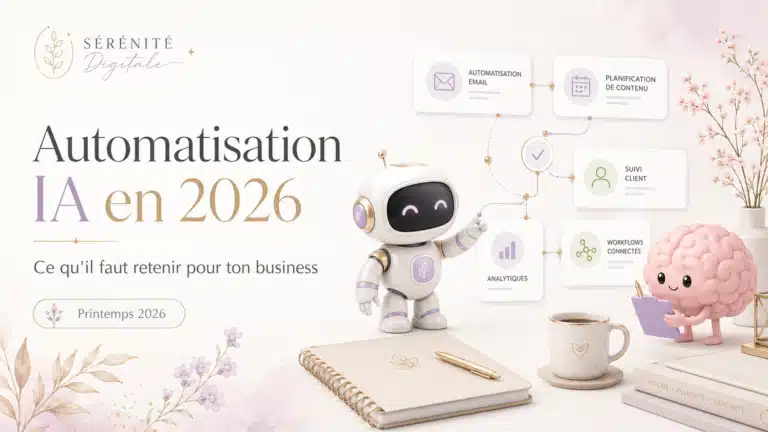 Petit robot et petit cerveau illustrant l’automatisation IA en 2026 avec des workflows connectés pour gérer emails, contenu et suivi client.