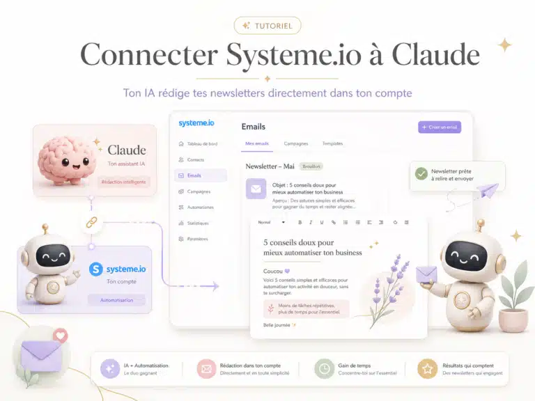 Illustration Sérénité Digitale : deux blocs reliés évoquant la connexion entre Systeme.io et Claude
