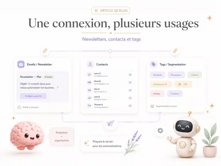 Illustration présentant les usages de la connexion Claude et Systeme.io pour les newsletters, les contacts et la segmentation par tags.