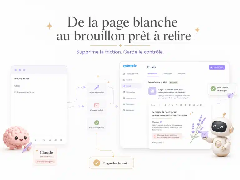 Illustration montrant le passage d’une page blanche à un brouillon de newsletter prêt à relire grâce à Claude et Systeme.io.