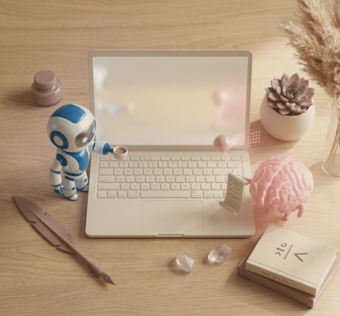 Mascottes robot bleu et cerveau rose collaborant autour d'un ordinateur portable sur un bureau en bois clair. Ambiance zen vieux rose pour l'histoire d'Al Mizan Digital.
