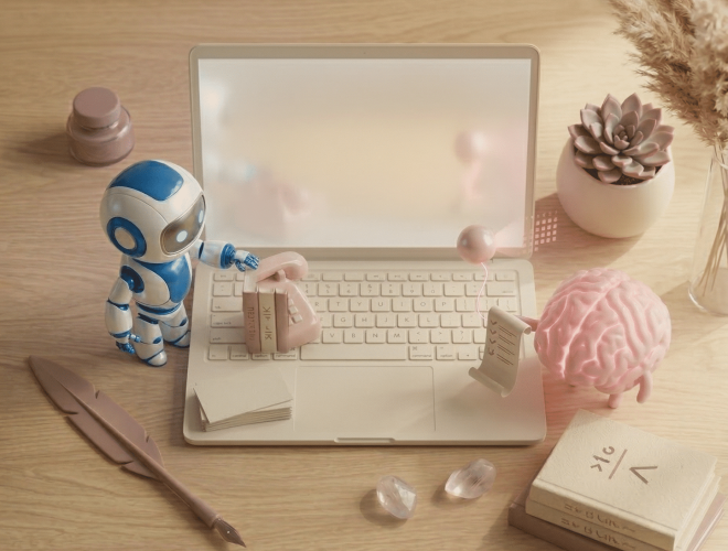 Flat lay : smartphone moderne et mascottes robot bleu et cerveau rose d'Al Mizan Digital prêts à échanger sur tes projets d'automatisation. Ambiance zen vieux rose.