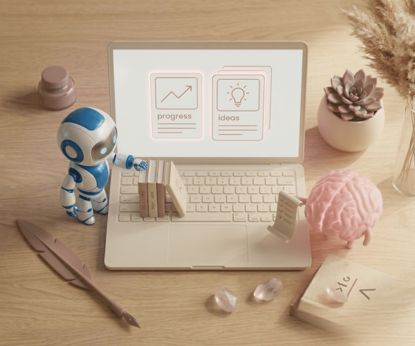 Flat lay : ordinateur portable ouvert sur le blog d'Al Mizan Digital, avec les mascottes robot et cerveau rose. Ambiance zen vieux rose pour des articles inspirants.