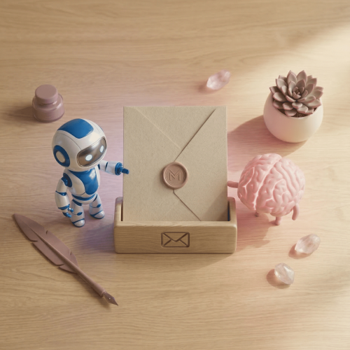 Flat lay minimaliste : mascottes robot bleu et cerveau rose insérant une enveloppe texturée beige dans une boîte aux lettres en bois. Ambiance zen Al Mizan Digital.